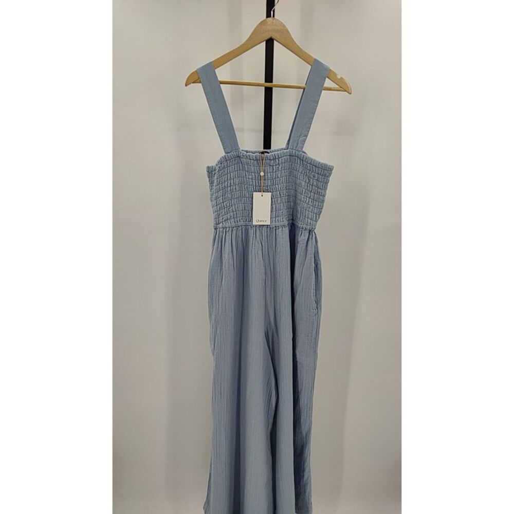 Quince Womens 100% Organic Cotton Gauze Smocked Wide Leg Jumpsuit Ocean Breeze L - Picture 2 of 3